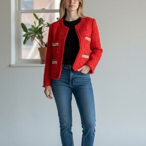 Zara Woman Red Tweed Bouclé Blazer Jacket,Parisian Chic, Statement Piece M